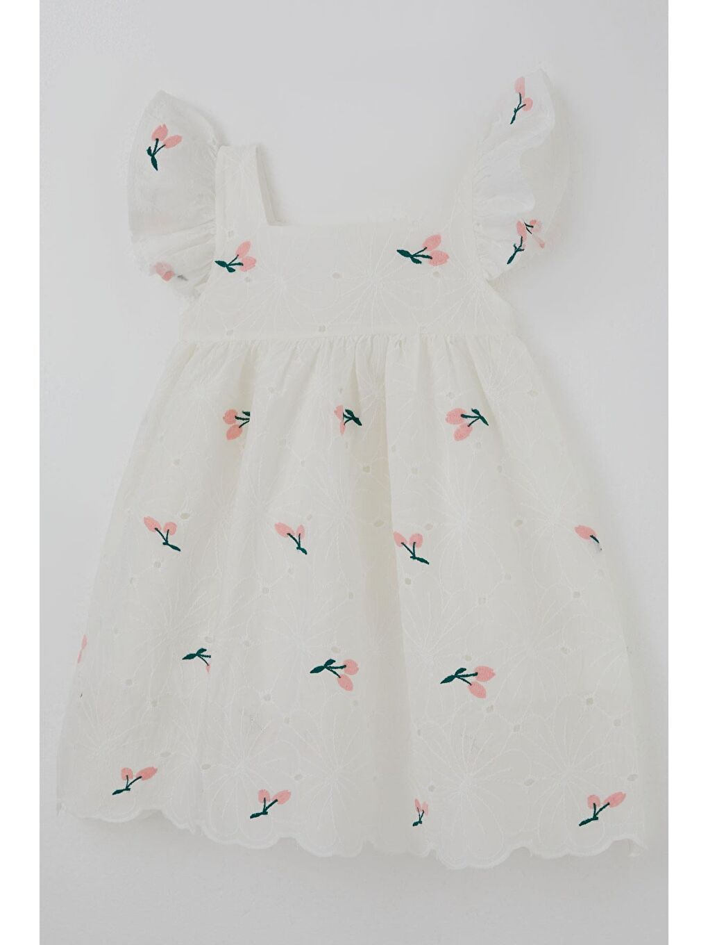 Kız Çocuk Elbise Kiraz Nakışlı Güpür Detaylı Ekru (3-8 Yaş)-2