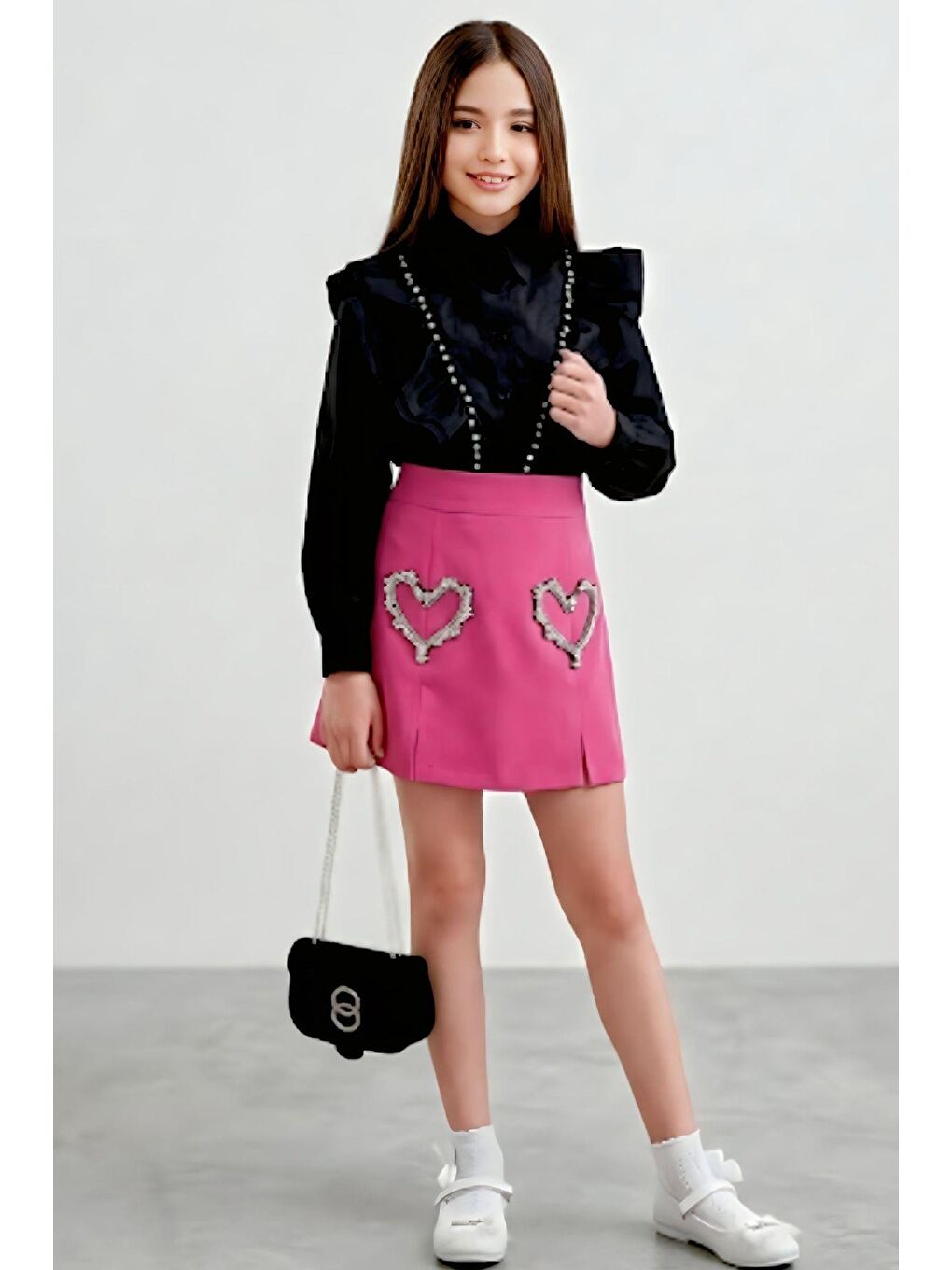 Kız Çocuk Kristal Taşlı Kalp Figürlü Pembe Etekli Takım-3
