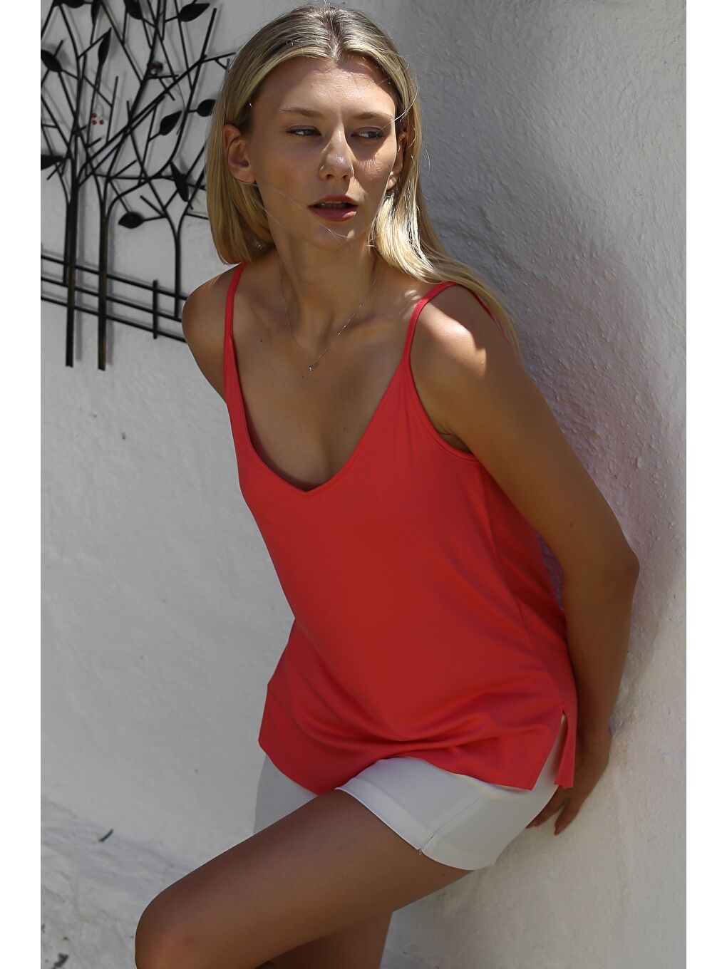 Pembe Gül Kurusu V Yaka Askılı Yarım Astarlı Yırtmaçlı Örme Basic Casual Bluz-1