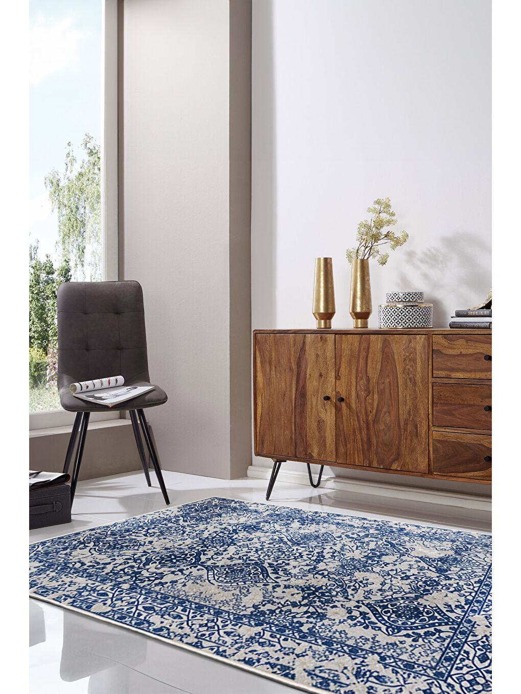 Mavi Dekoratif Özel Tasarım Yıkanabilir İnce Kaymaz Tabanlı Modern Halı KECE FR10-2