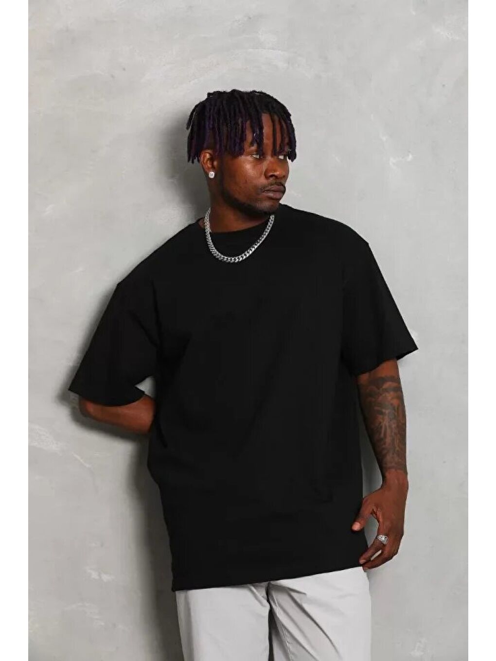 Unisex Oversize Düz Bisiklet Yaka T-Shirt - Siyah-2