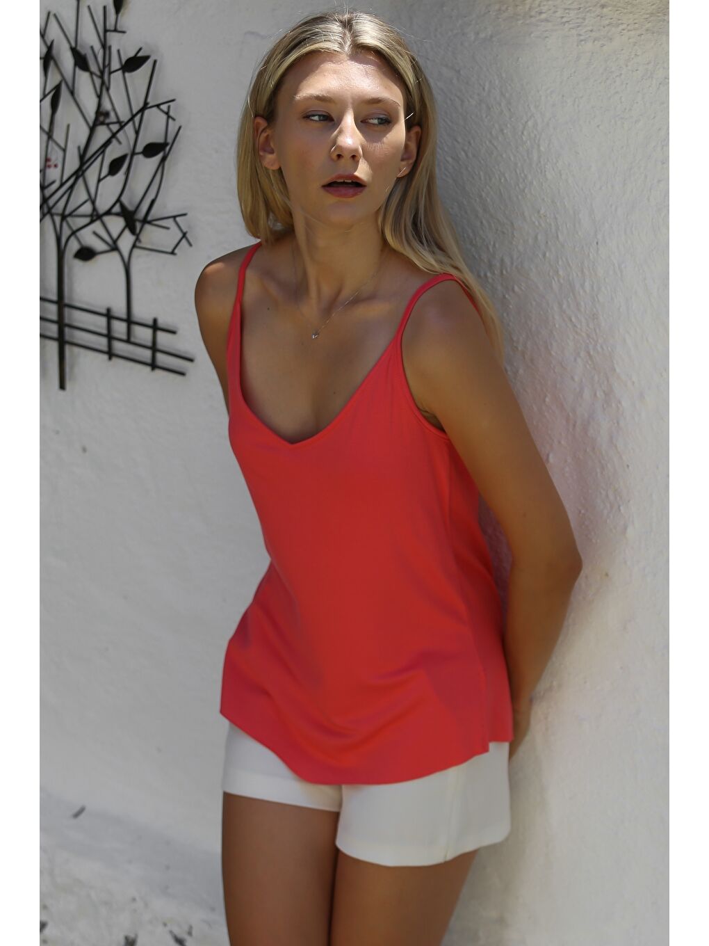 Pembe Gül Kurusu V Yaka Askılı Yarım Astarlı Yırtmaçlı Örme Basic Casual Bluz-2