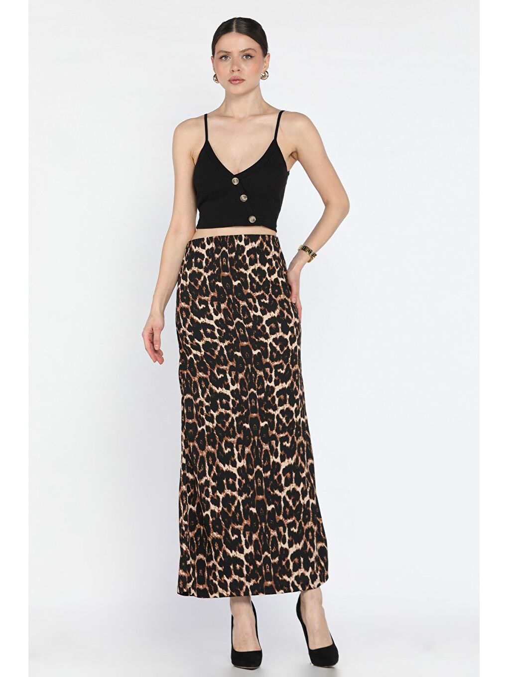 Siyah Kadın Leopar Desenli Bel Lastikli Bürümcük Etek