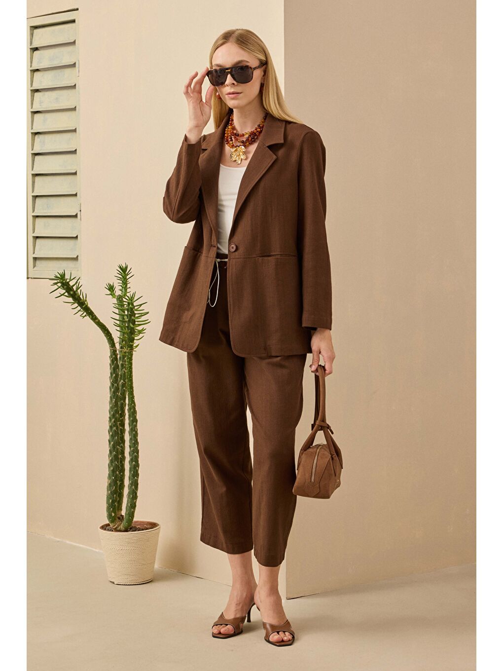 Kahverengi Keten Blazer Ceket Kahve