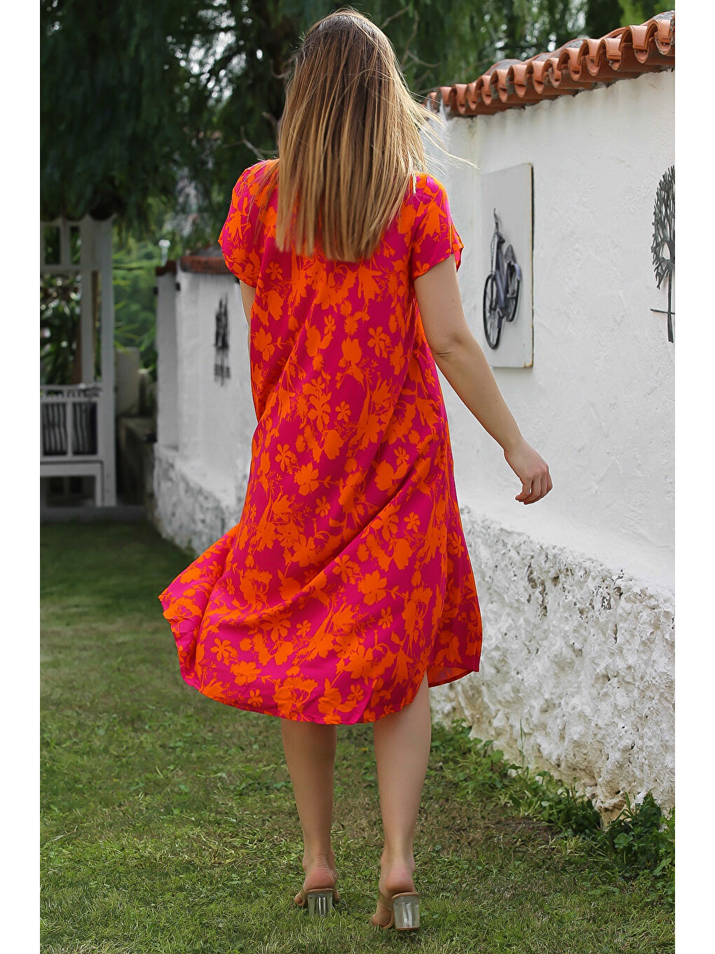 Pembe-Turuncu V Yaka Düşük Kol Allover Baskılı Casual Viskon Dokuma Elbise 115 66-5