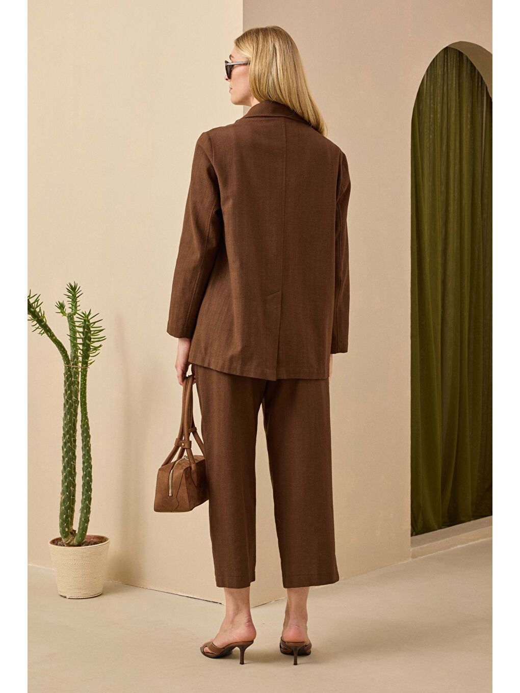 Kahverengi Keten Blazer Ceket Kahve-1