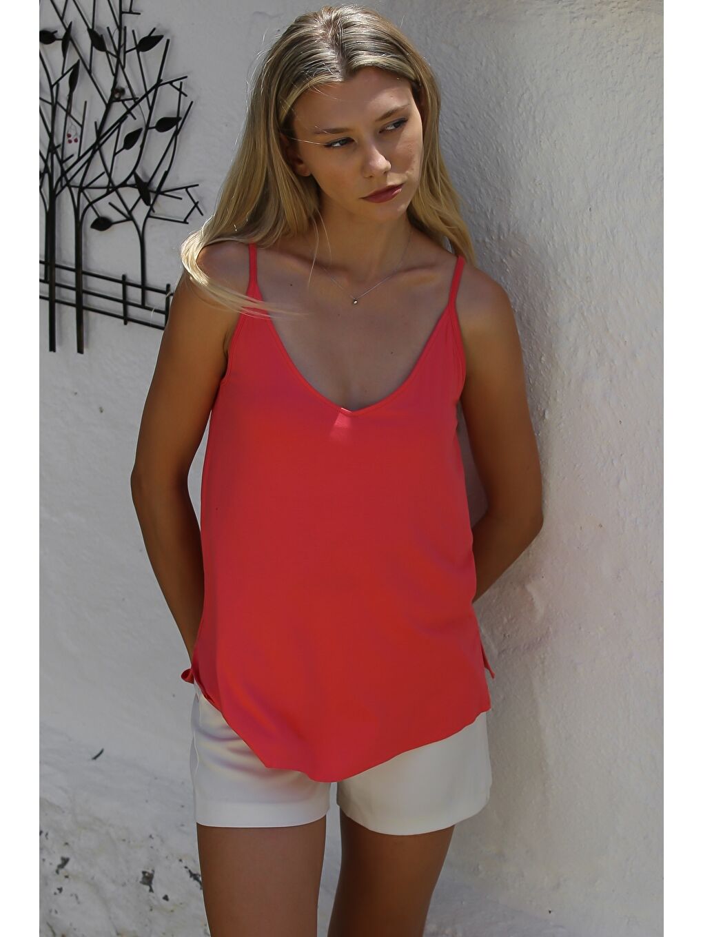 Pembe Gül Kurusu V Yaka Askılı Yarım Astarlı Yırtmaçlı Örme Basic Casual Bluz-3