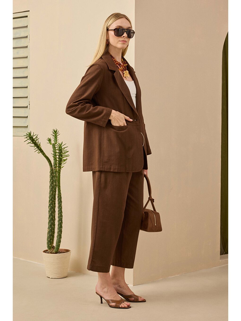 Kahverengi Keten Blazer Ceket Kahve-2