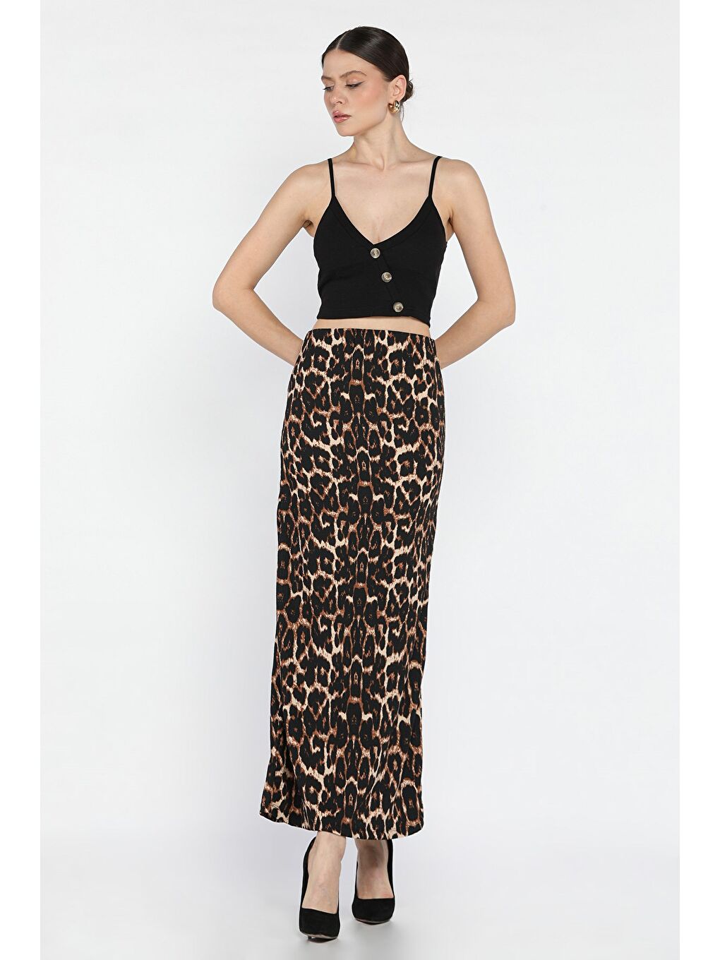Siyah Kadın Leopar Desenli Bel Lastikli Bürümcük Etek-1
