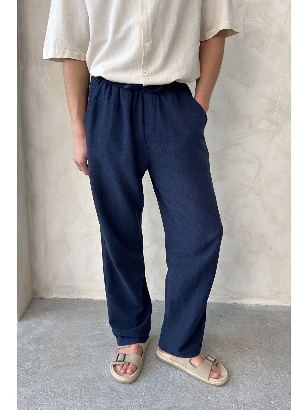 Lacivert Erkek Beli Lastikli Baggy Kalıp Keten Pantolon-1