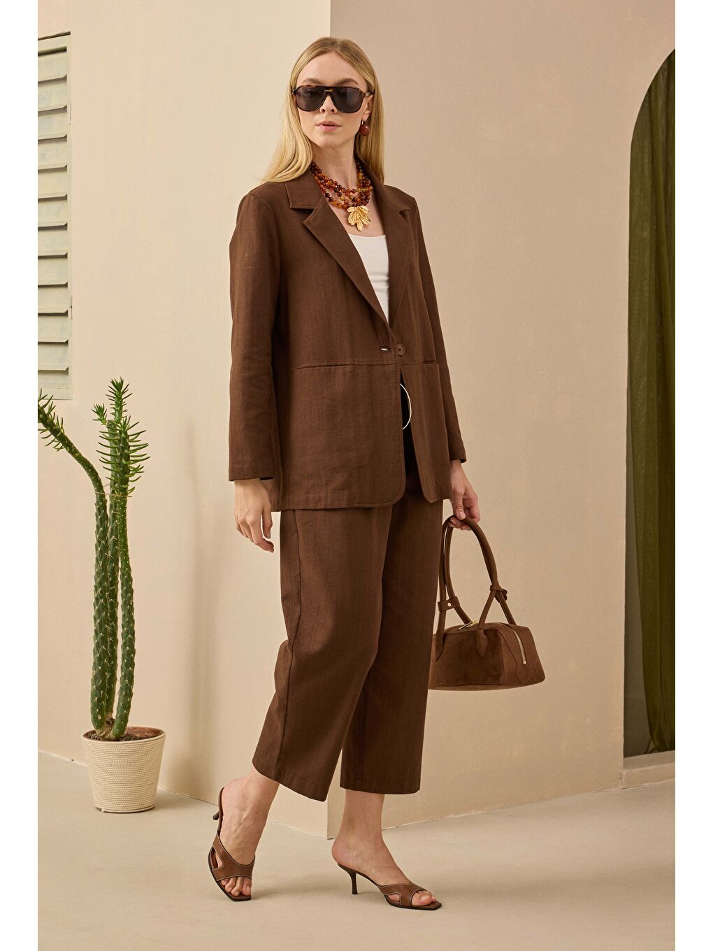 Kahverengi Keten Blazer Ceket Kahve-3