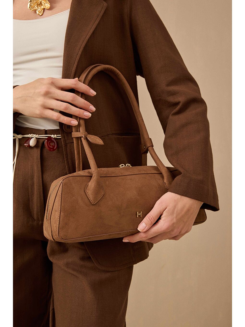 Kahverengi Keten Blazer Ceket Kahve-4