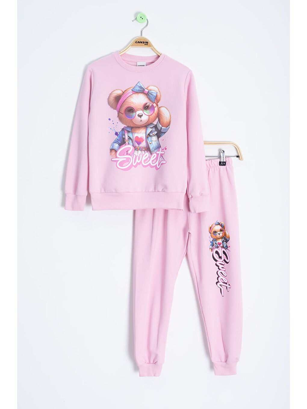 Pembe Ayıcık Baskılı Beli Lastikli Kız Çocuk Eşofman Takımı 22752