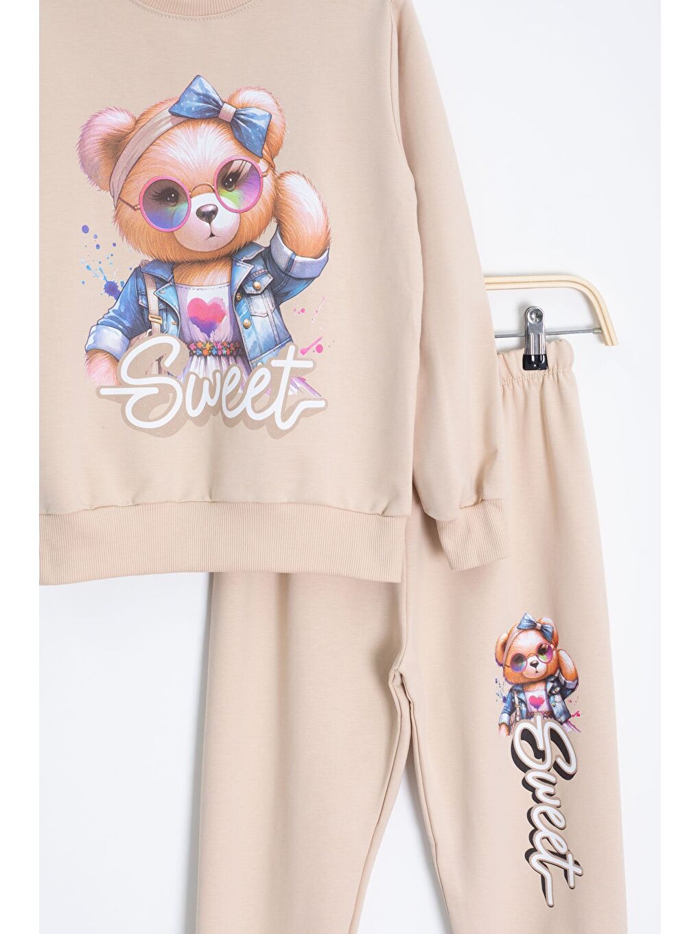 Ekru Krem Ayıcık Baskılı Beli Lastikli Kız Çocuk Eşofman Takımı 22753-2