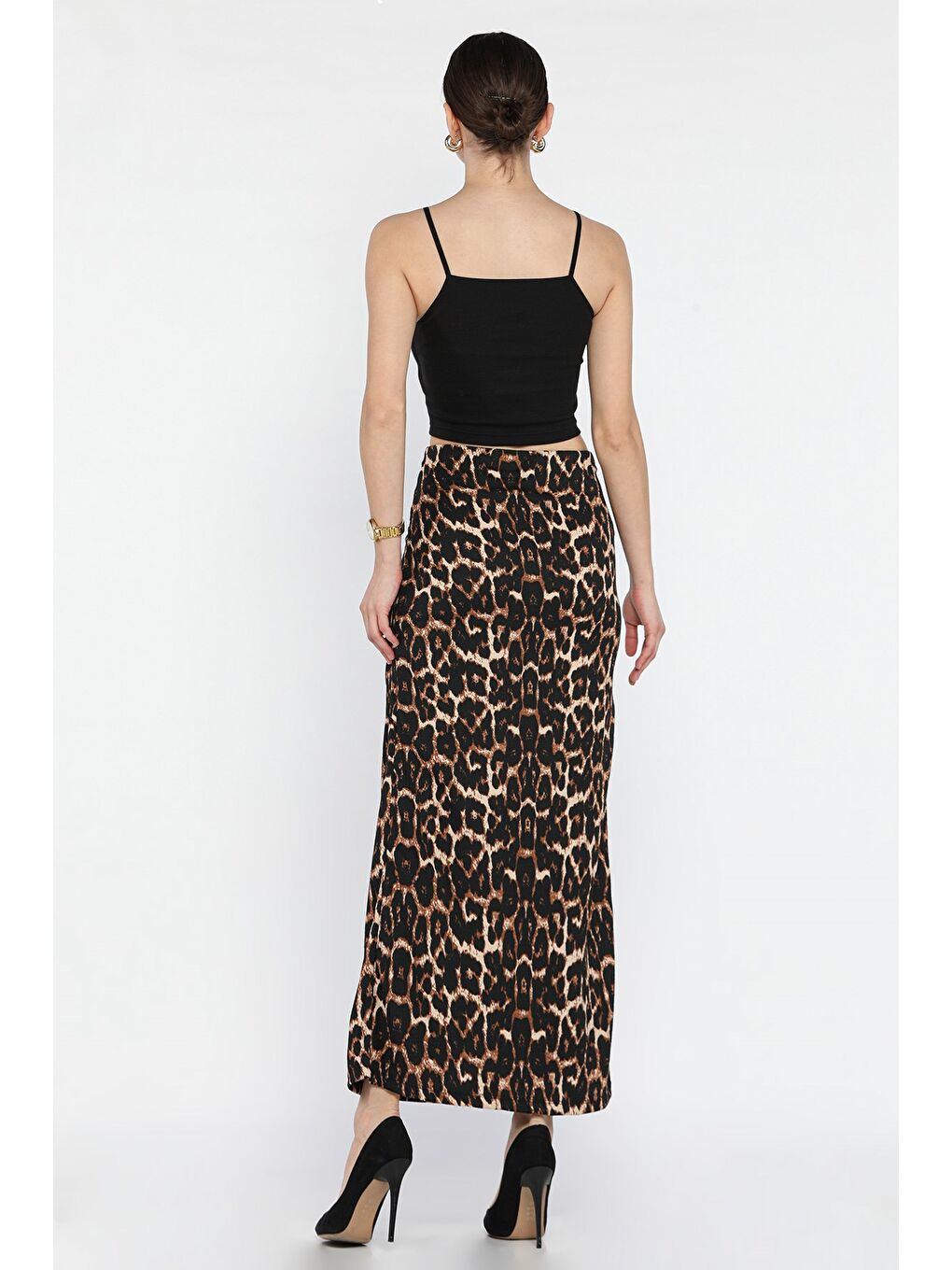 Siyah Kadın Leopar Desenli Bel Lastikli Bürümcük Etek-2