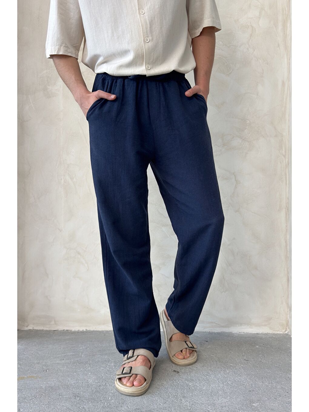 Lacivert Erkek Beli Lastikli Baggy Kalıp Keten Pantolon-2