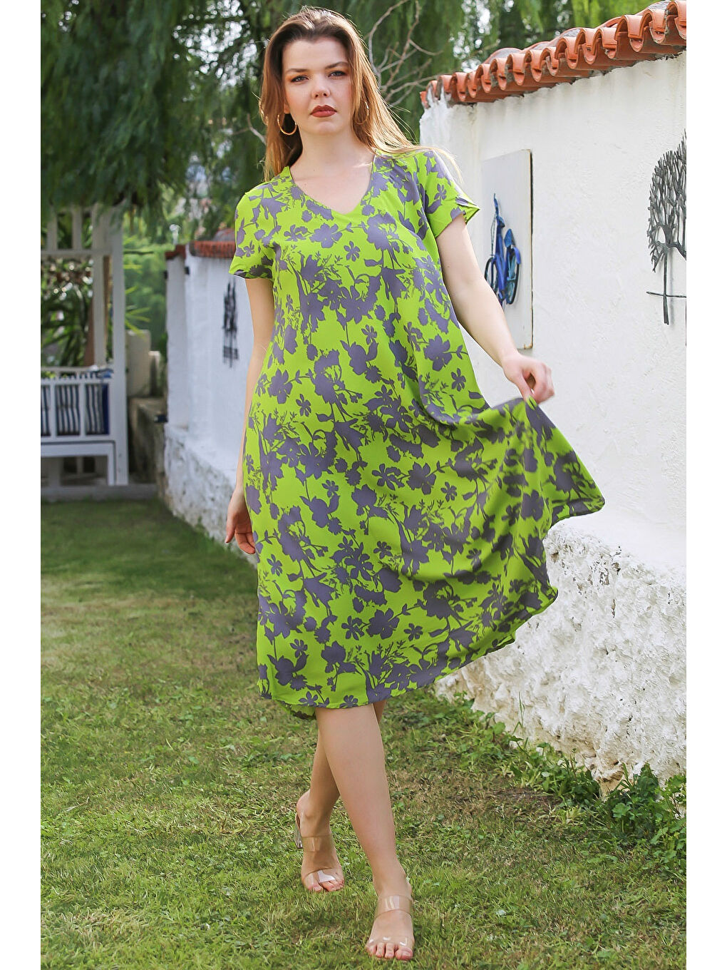 Fıstık Yeşili V Yaka Düşük Kol Allover Baskılı Casual Viskon Dokuma Elbise 115 66