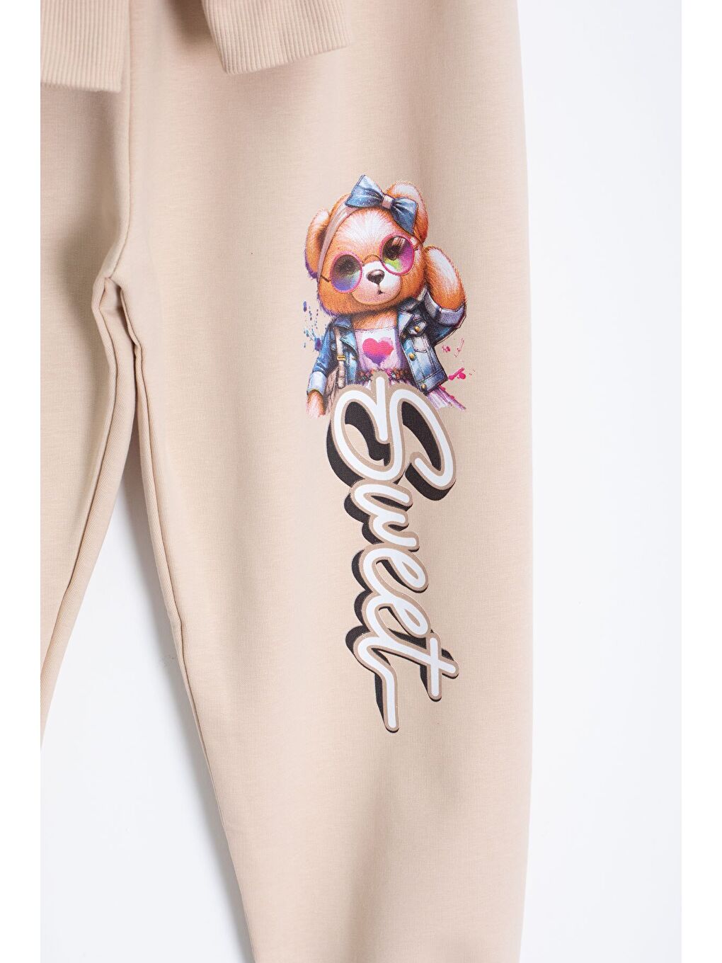 Ekru Krem Ayıcık Baskılı Beli Lastikli Kız Çocuk Eşofman Takımı 22753-3