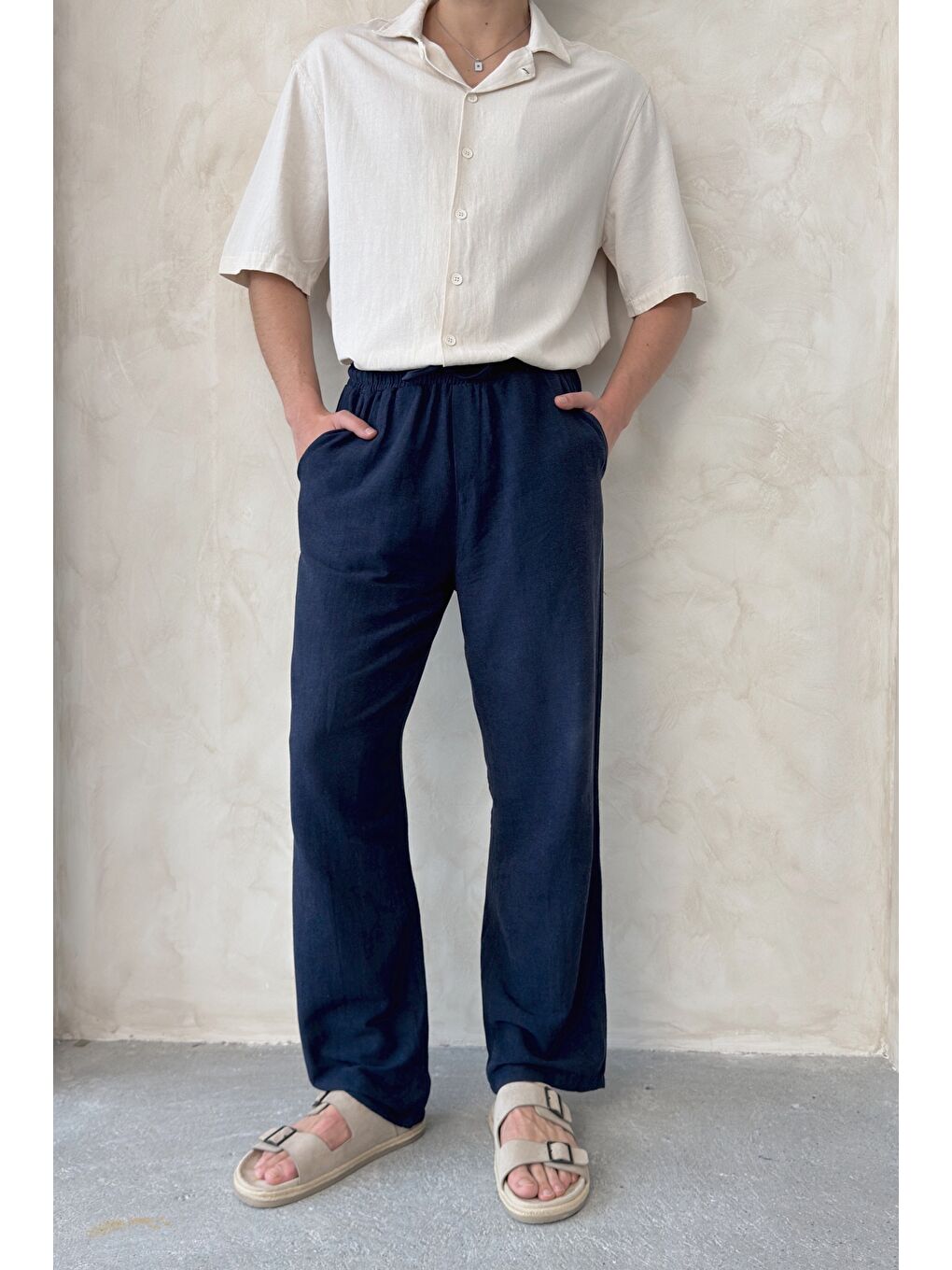 Lacivert Erkek Beli Lastikli Baggy Kalıp Keten Pantolon-3