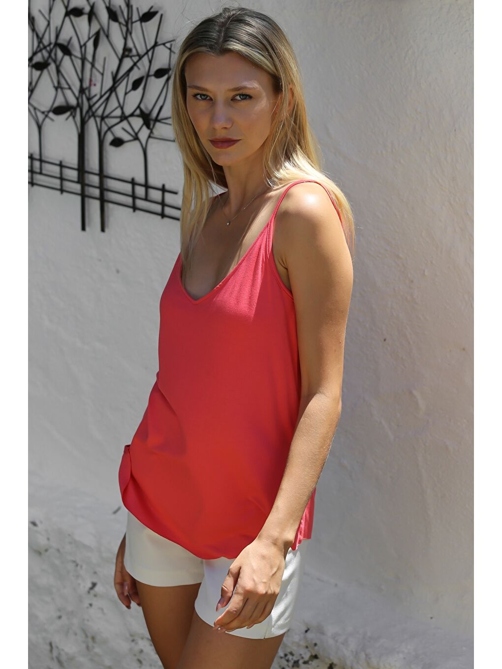 Pembe Gül Kurusu V Yaka Askılı Yarım Astarlı Yırtmaçlı Örme Basic Casual Bluz-5