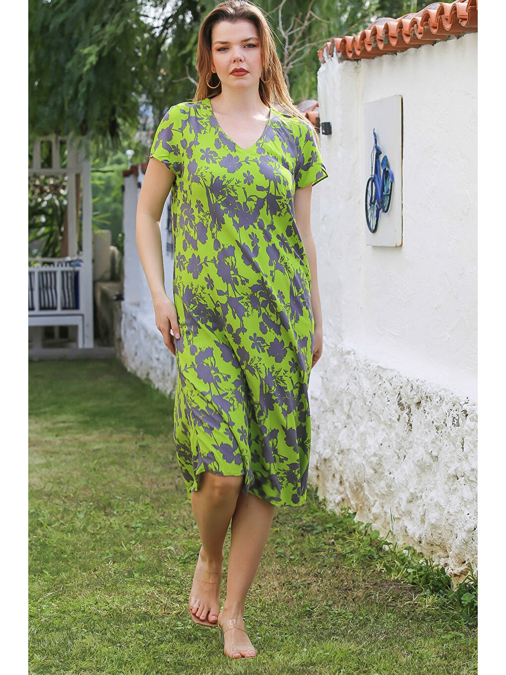 Fıstık Yeşili V Yaka Düşük Kol Allover Baskılı Casual Viskon Dokuma Elbise 115 66-2