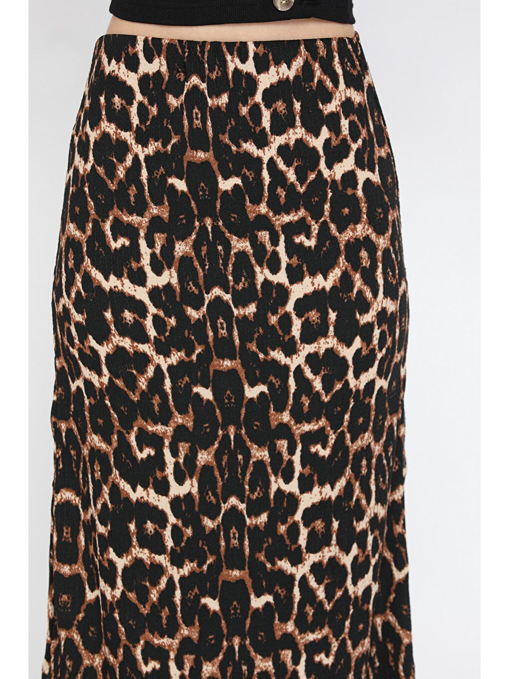 Siyah Kadın Leopar Desenli Bel Lastikli Bürümcük Etek-3