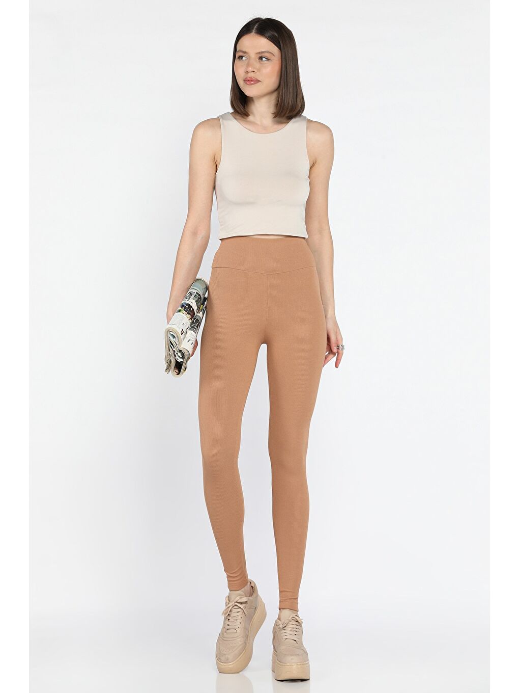 Ekru Kadın Fitilli Yüksek Bel Tayt-1