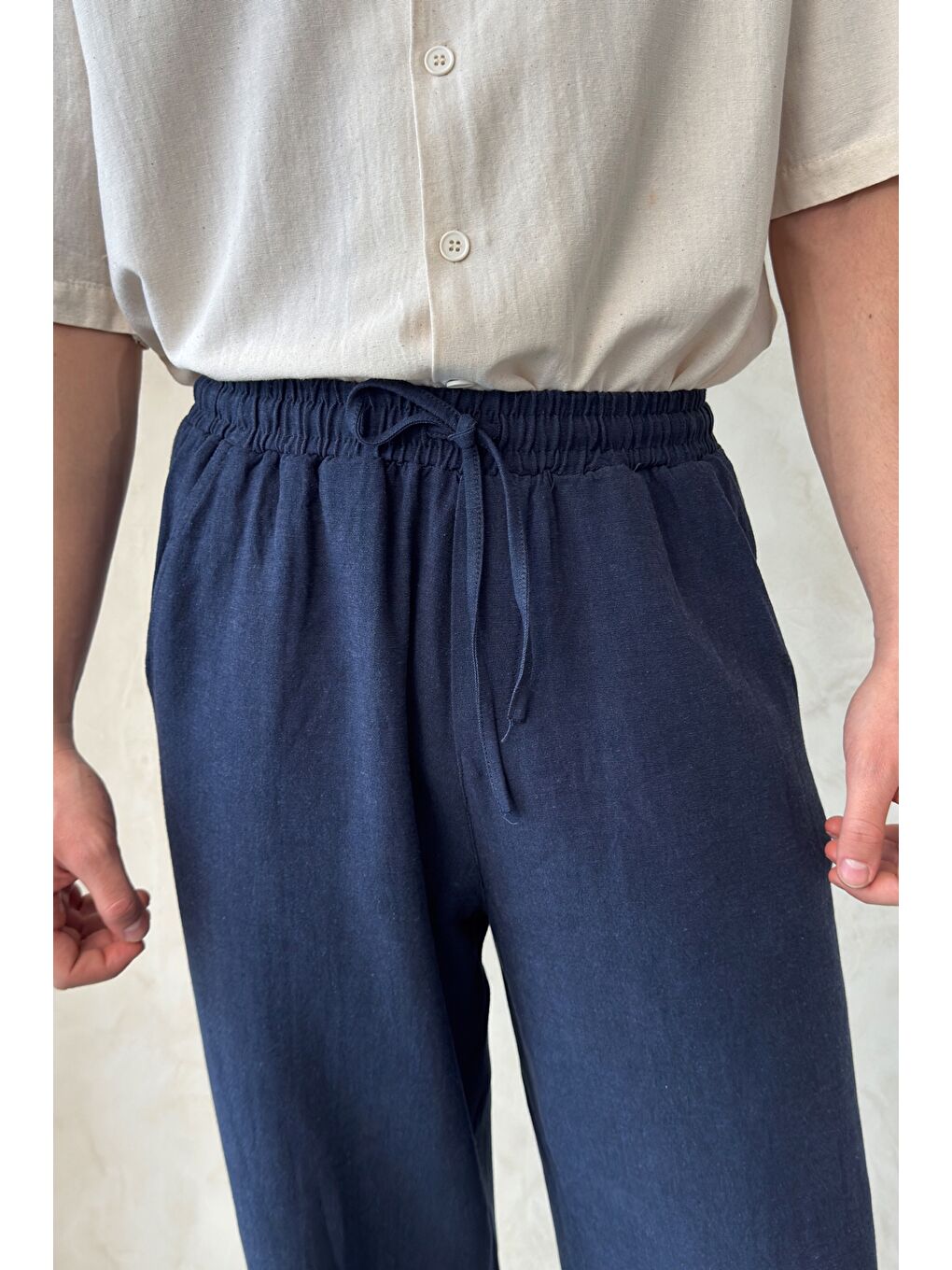 Lacivert Erkek Beli Lastikli Baggy Kalıp Keten Pantolon-4