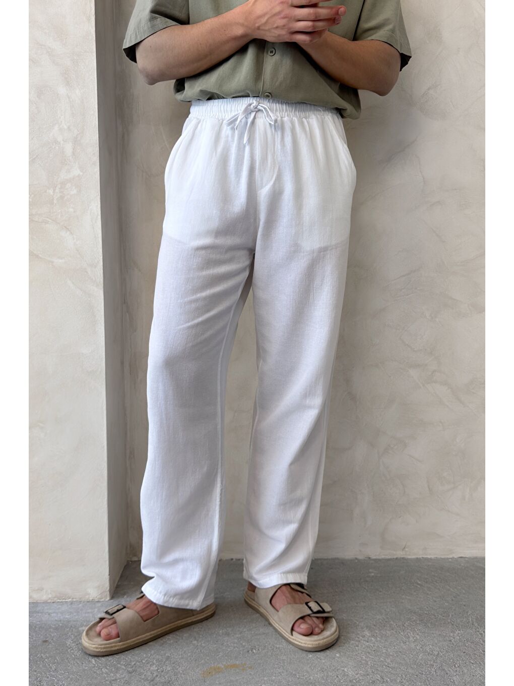 Beyaz Erkek Beli Lastikli Baggy Kalıp Keten Pantolon-1