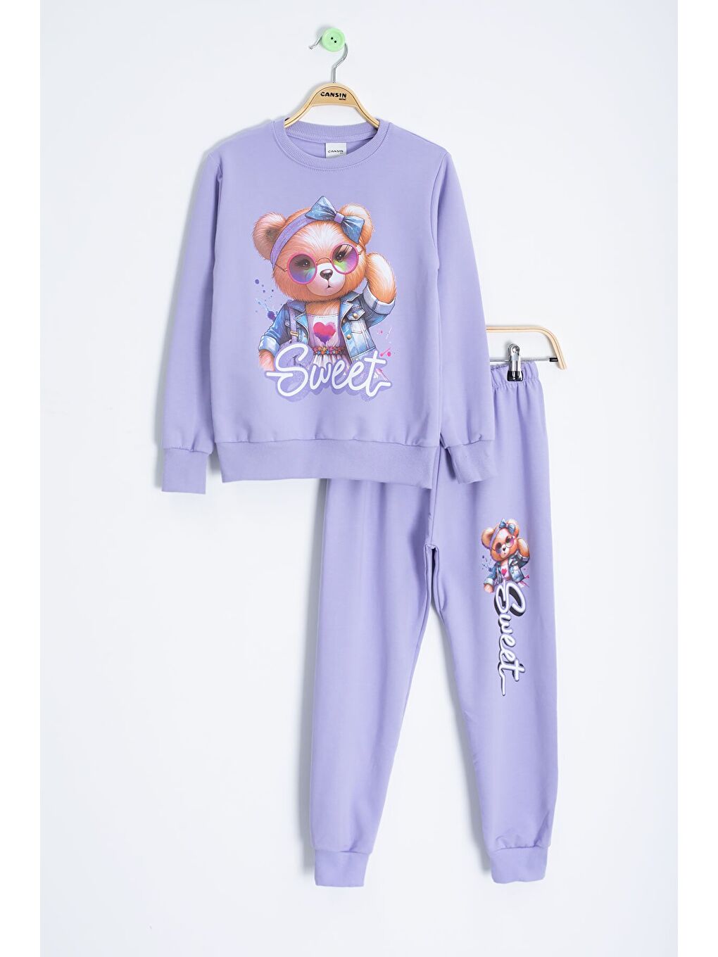 Lila Ayıcık Baskılı Beli Lastikli Kız Çocuk Eşofman Takımı 22754