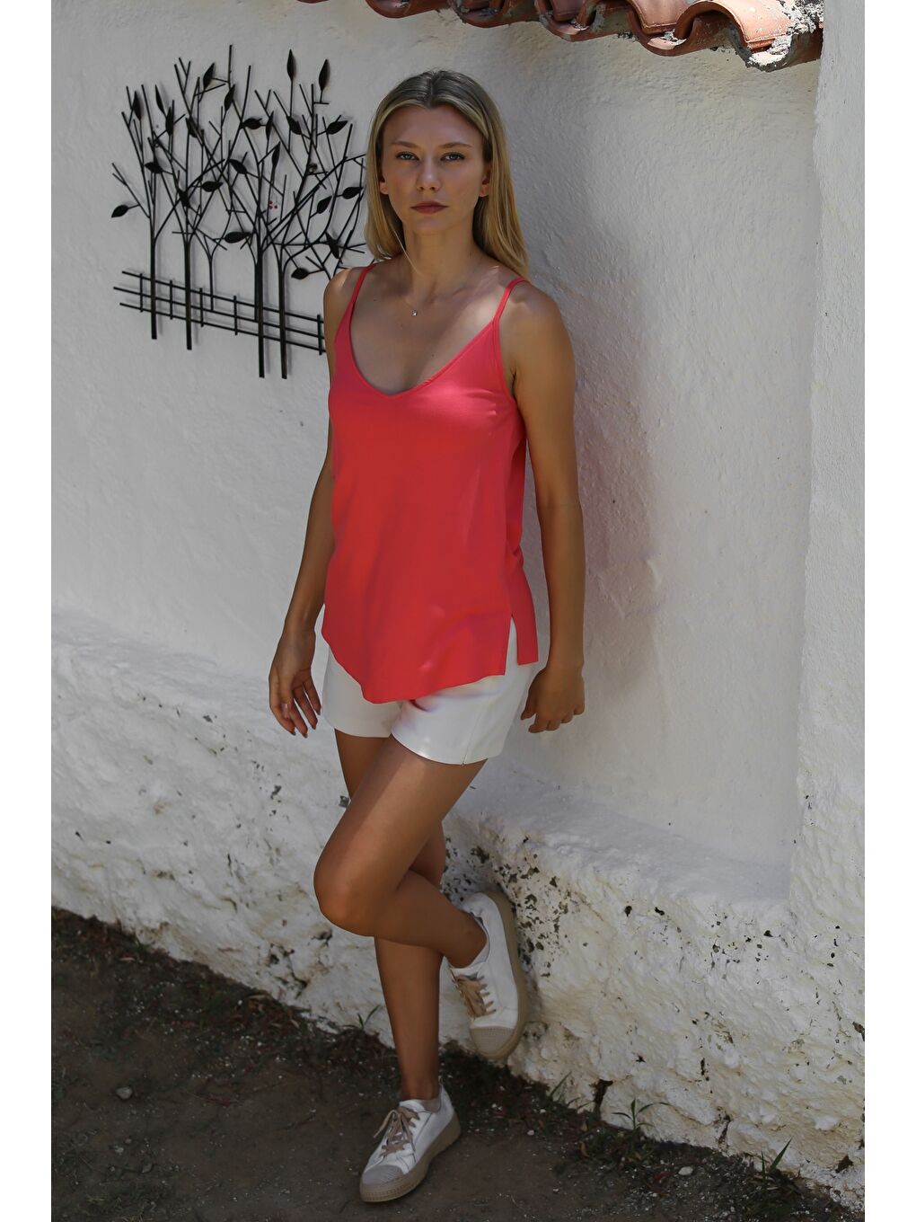 Pembe Gül Kurusu V Yaka Askılı Yarım Astarlı Yırtmaçlı Örme Basic Casual Bluz-6