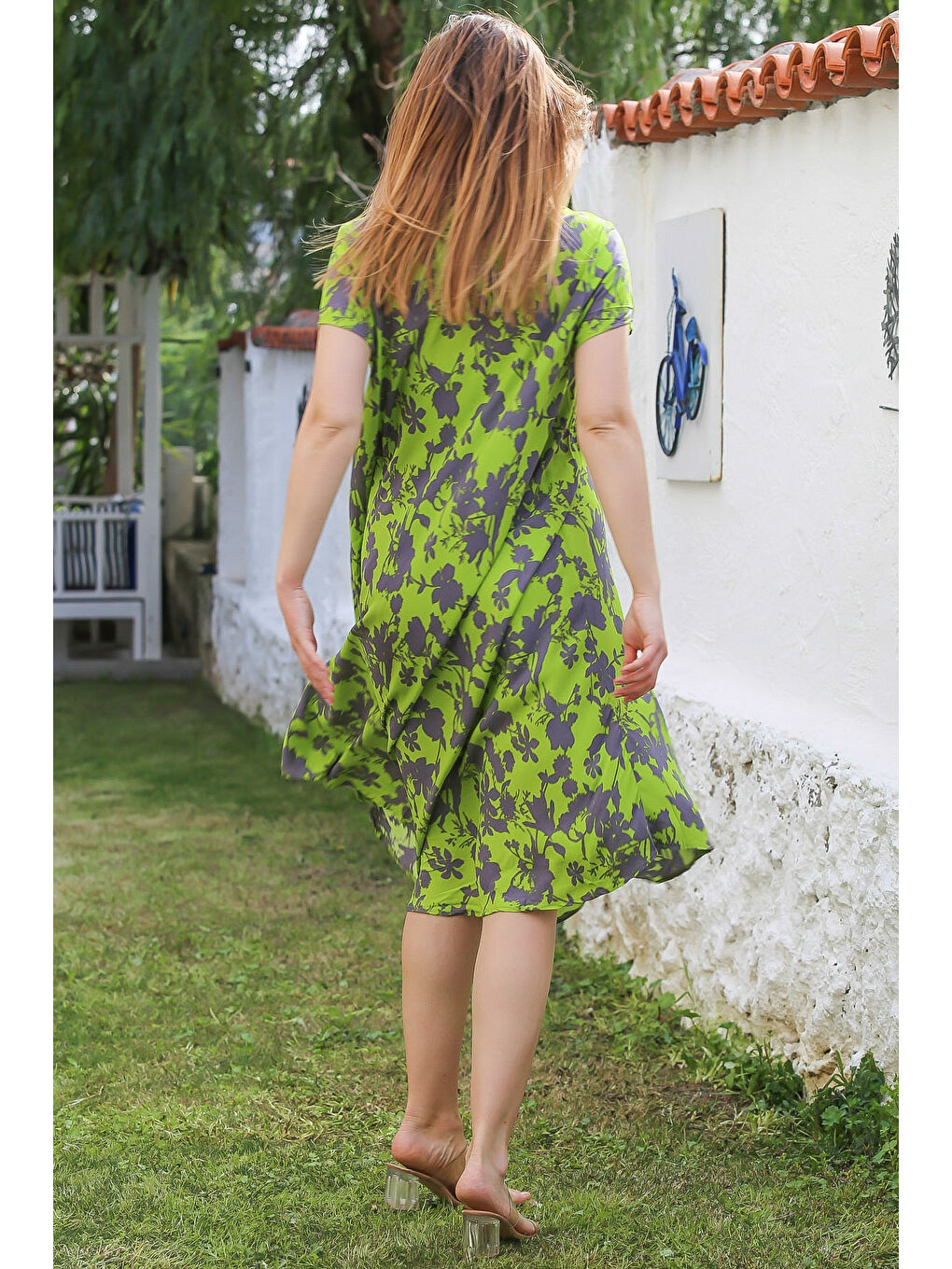 Fıstık Yeşili V Yaka Düşük Kol Allover Baskılı Casual Viskon Dokuma Elbise 115 66-6