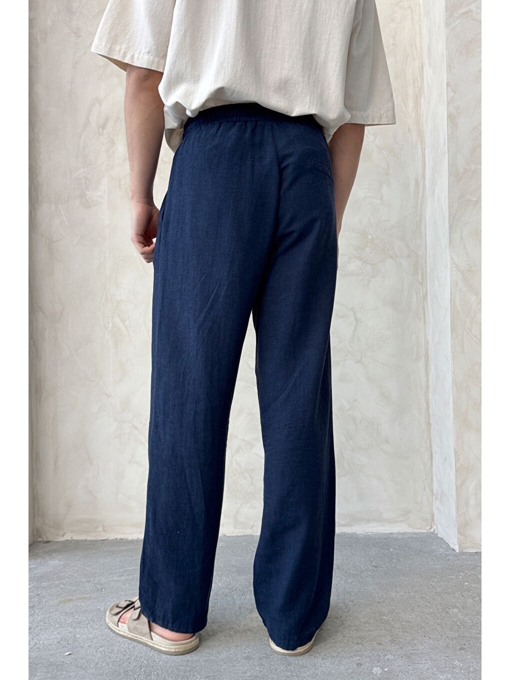 Lacivert Erkek Beli Lastikli Baggy Kalıp Keten Pantolon-5
