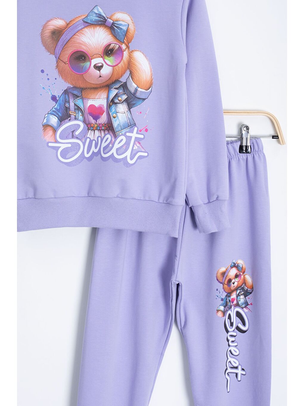 Lila Ayıcık Baskılı Beli Lastikli Kız Çocuk Eşofman Takımı 22754-2