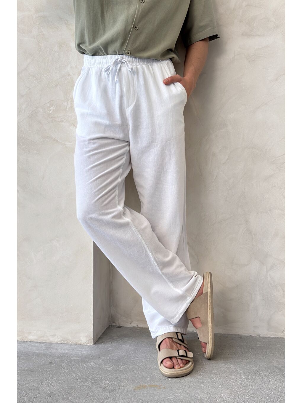 Beyaz Erkek Beli Lastikli Baggy Kalıp Keten Pantolon-2