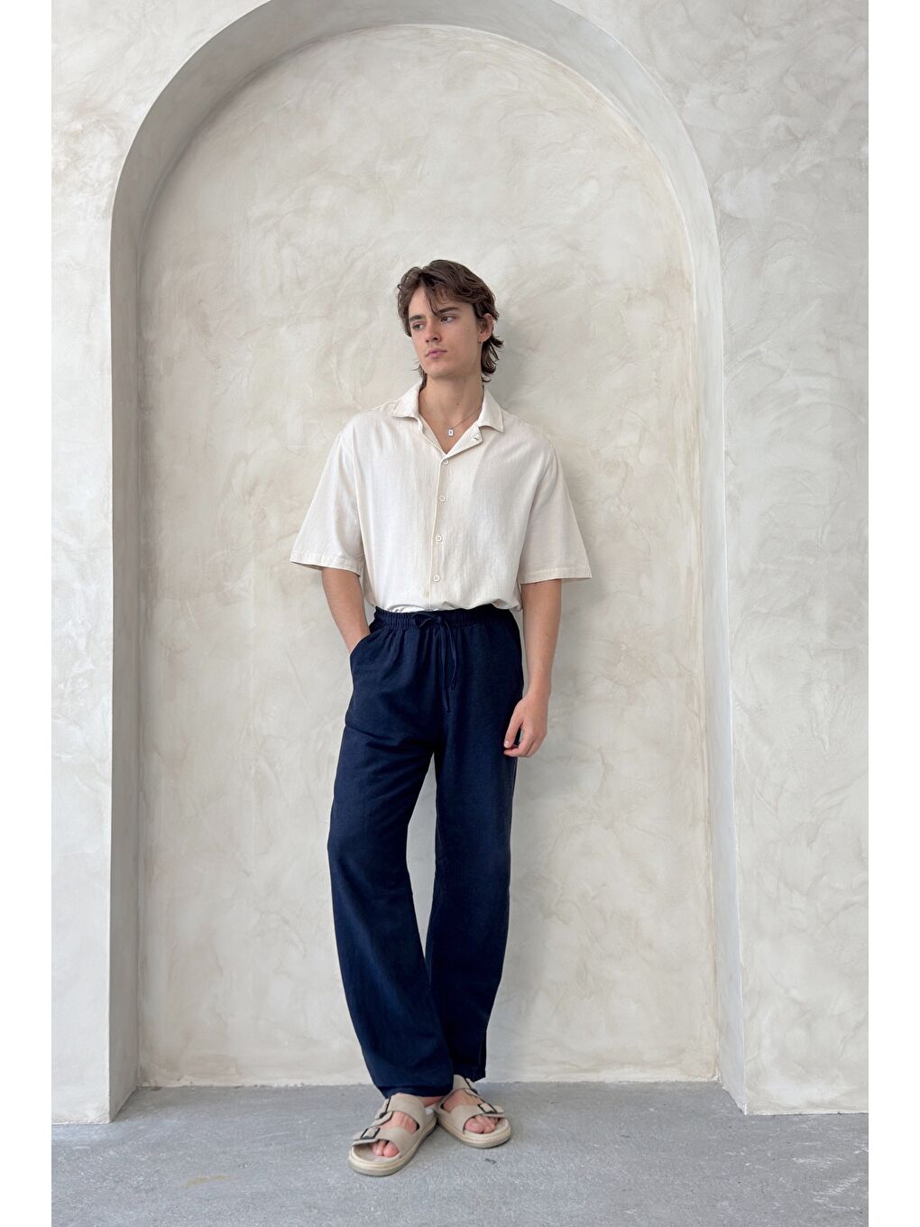 Lacivert Erkek Beli Lastikli Baggy Kalıp Keten Pantolon-6