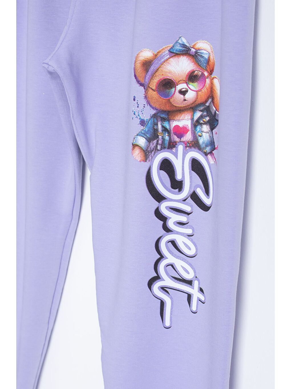 Lila Ayıcık Baskılı Beli Lastikli Kız Çocuk Eşofman Takımı 22754-3