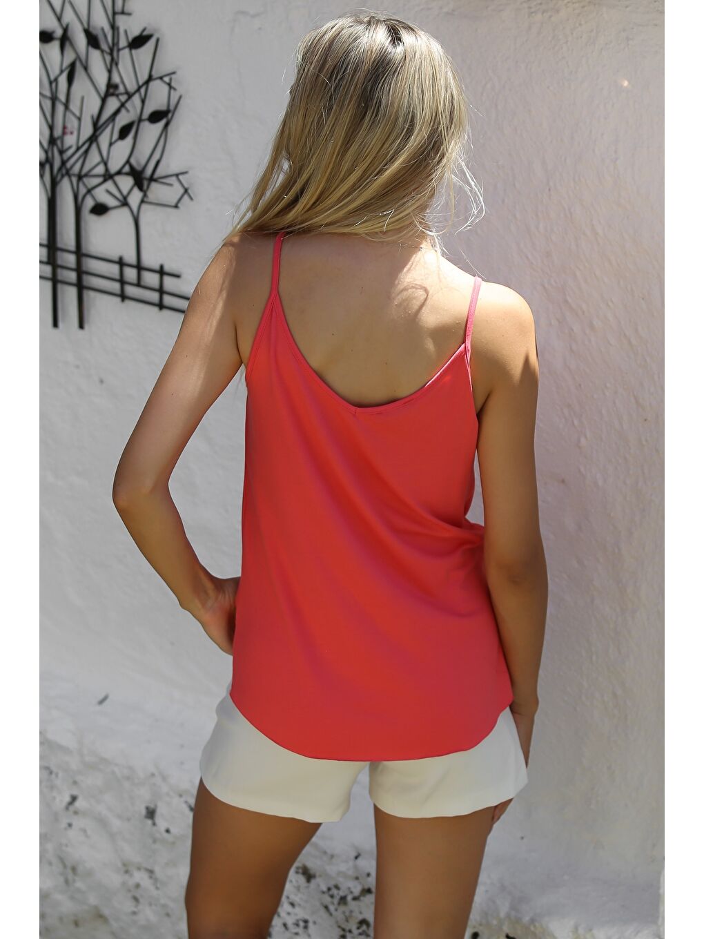 Pembe Gül Kurusu V Yaka Askılı Yarım Astarlı Yırtmaçlı Örme Basic Casual Bluz-7