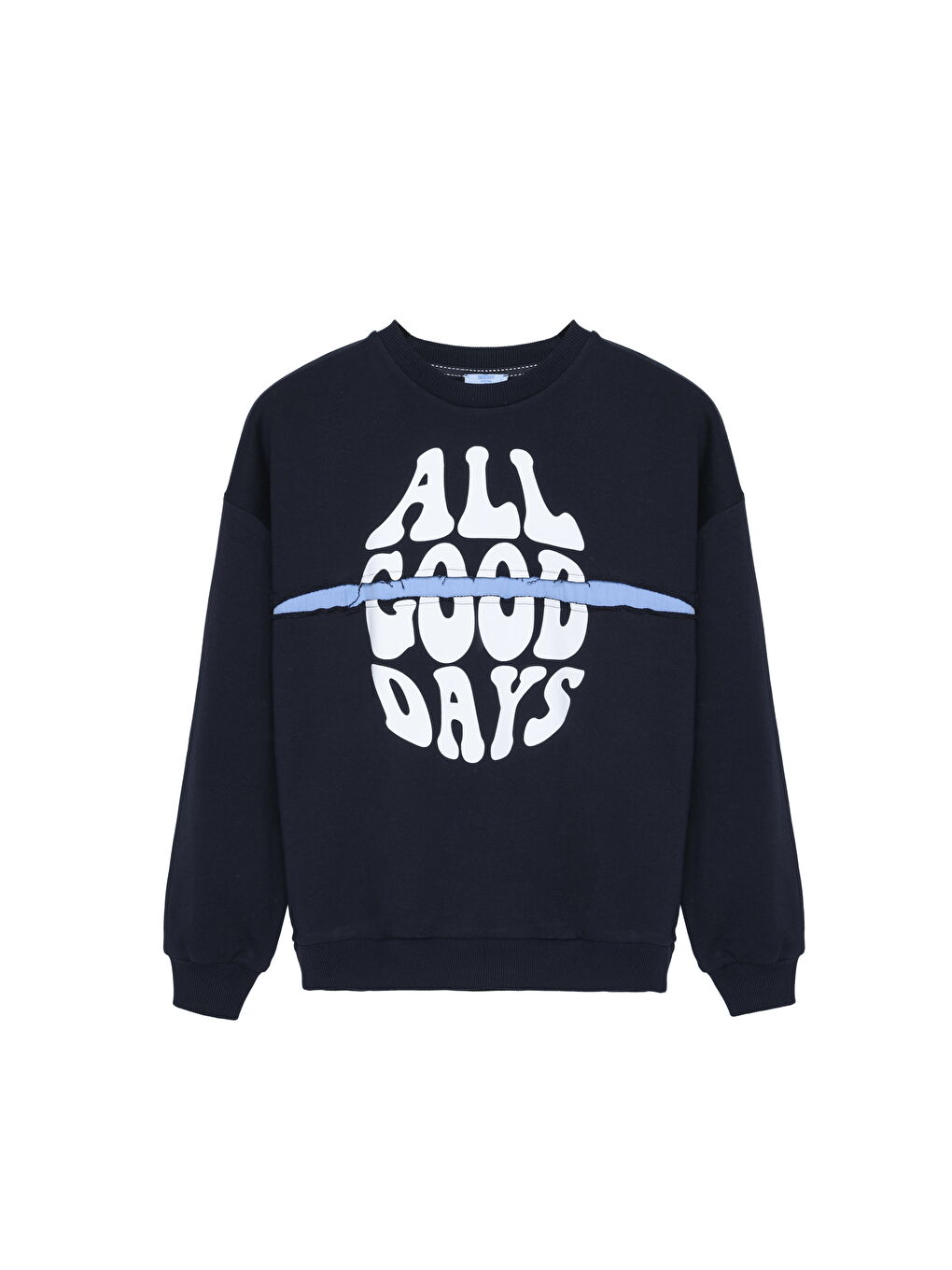 Yırtık Detaylı Yazı Baskılı Sweatshirt Lacivert