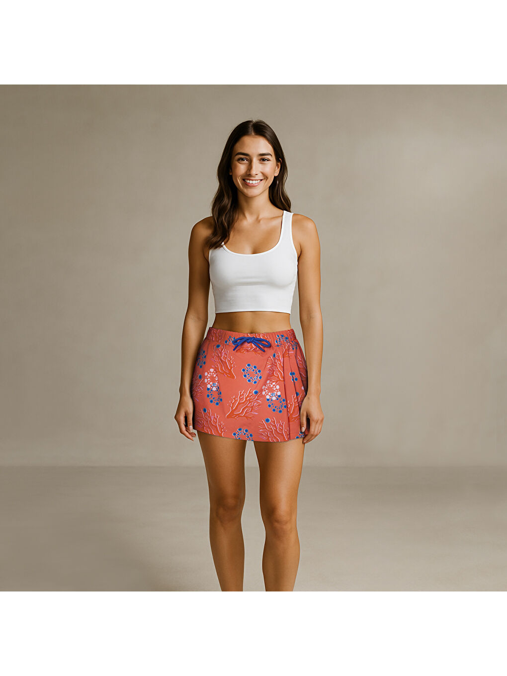 Karışık Mercan Kadın Şort Etek – Lastikli Bel, Bağcıklı, Pembe Desenli Yazlık Skort-1