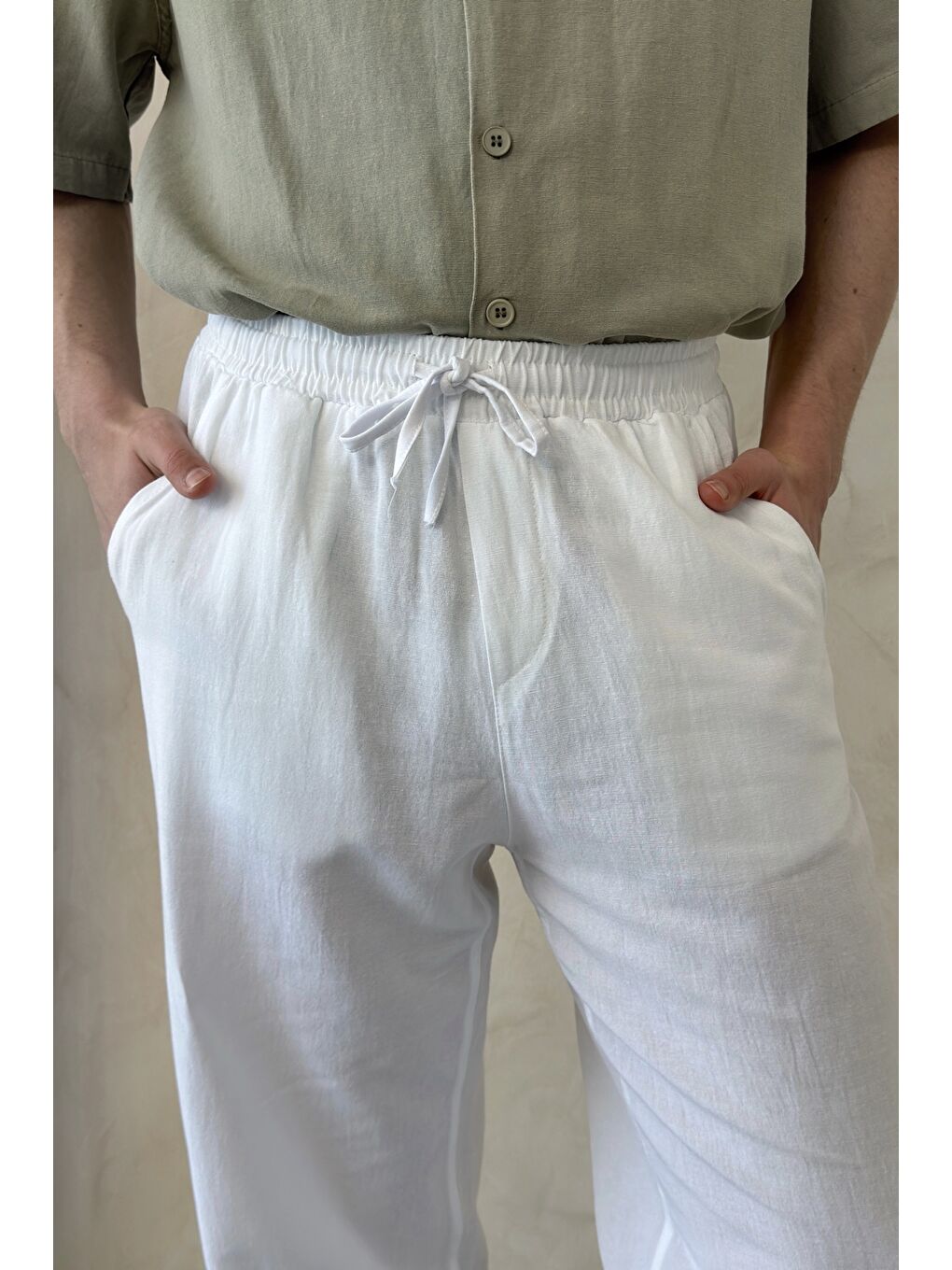 Beyaz Erkek Beli Lastikli Baggy Kalıp Keten Pantolon-4