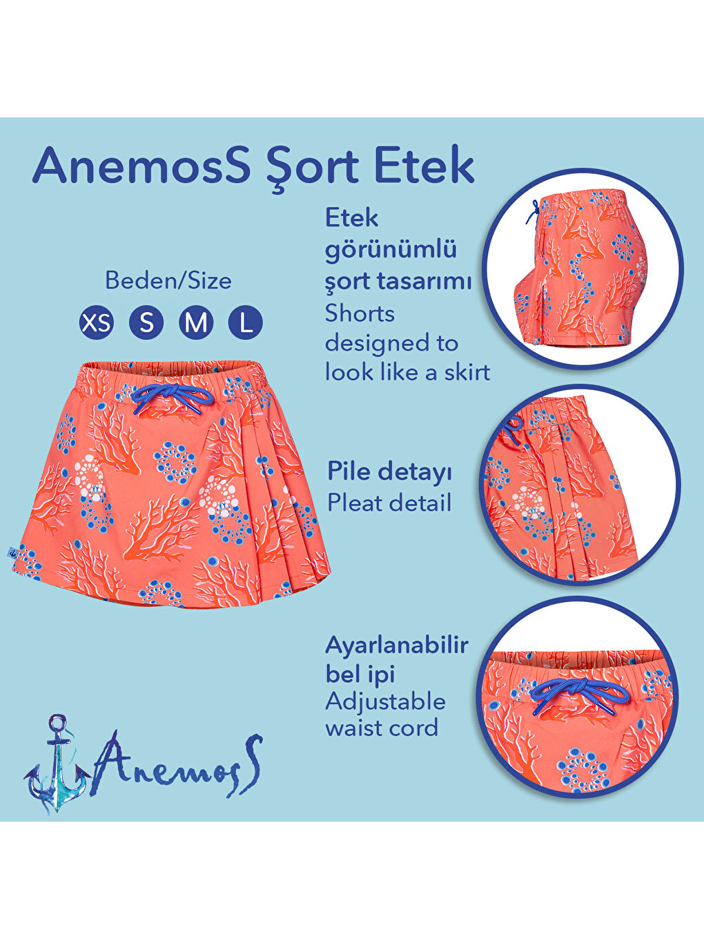 Karışık Mercan Kadın Şort Etek – Lastikli Bel, Bağcıklı, Pembe Desenli Yazlık Skort-5