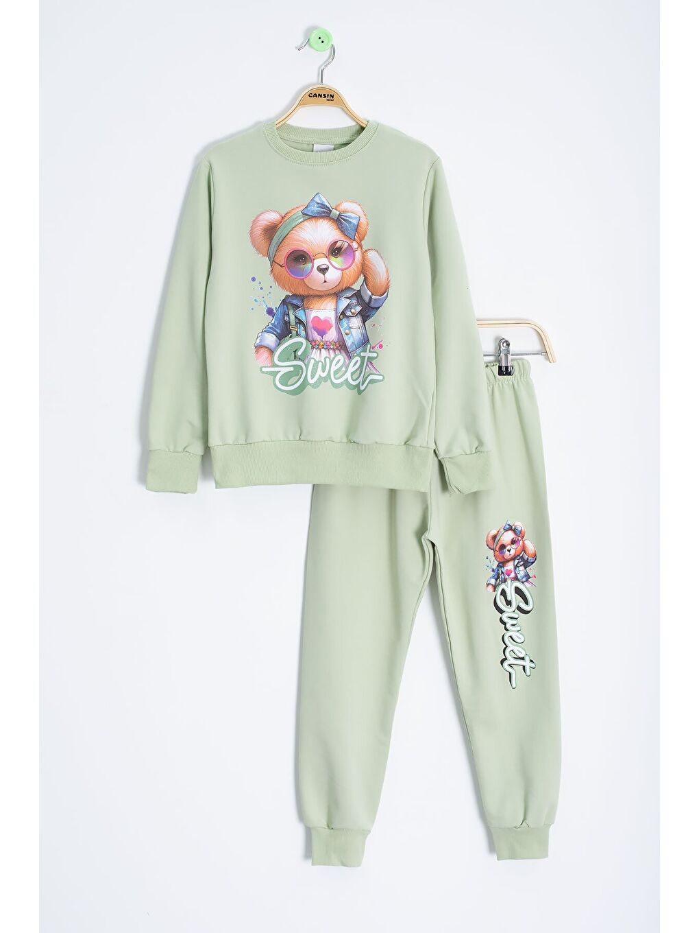 Yeşil Ayıcık Baskılı Beli Lastikli Kız Çocuk Eşofman Takımı 22755