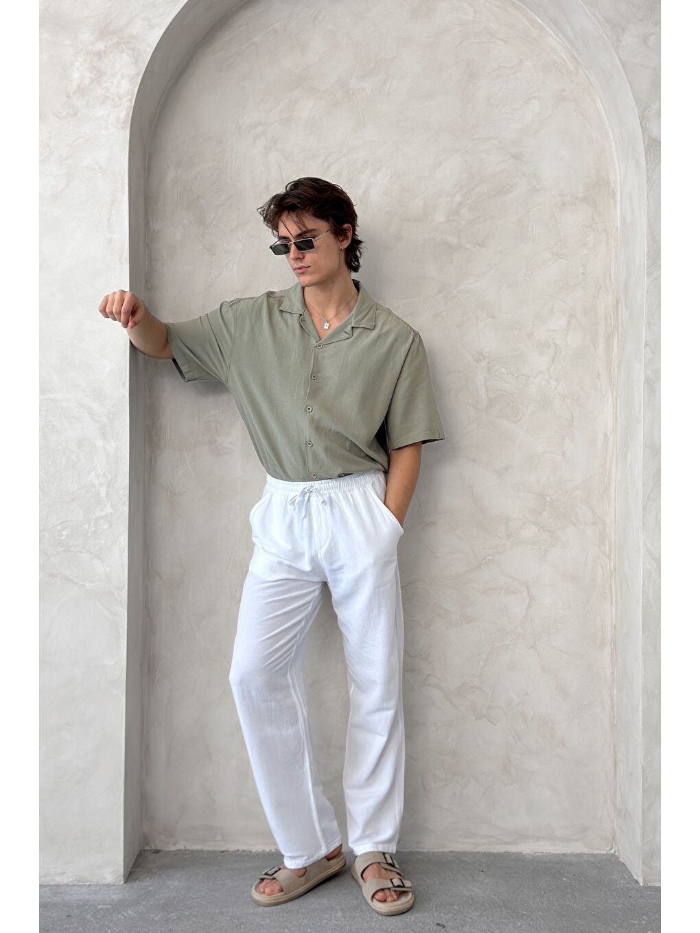 Beyaz Erkek Beli Lastikli Baggy Kalıp Keten Pantolon-5