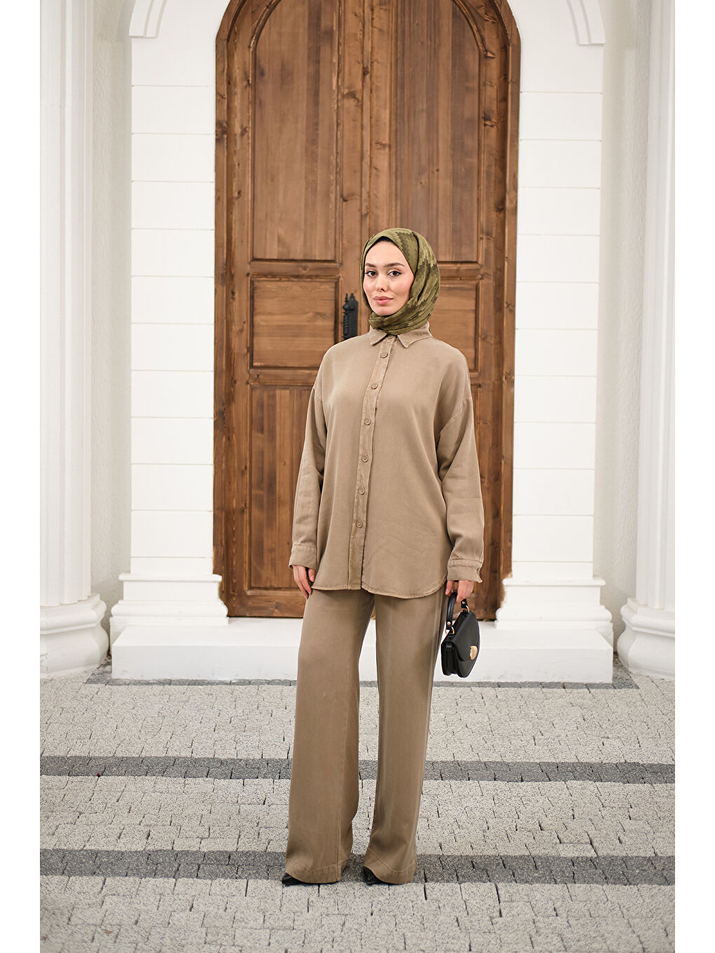 Bej Kadın Yıkama Detay Beli Lastikli Boru Paça Gömlekli Takım Vizon-2