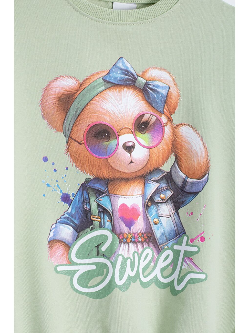 Yeşil Ayıcık Baskılı Beli Lastikli Kız Çocuk Eşofman Takımı 22755-1