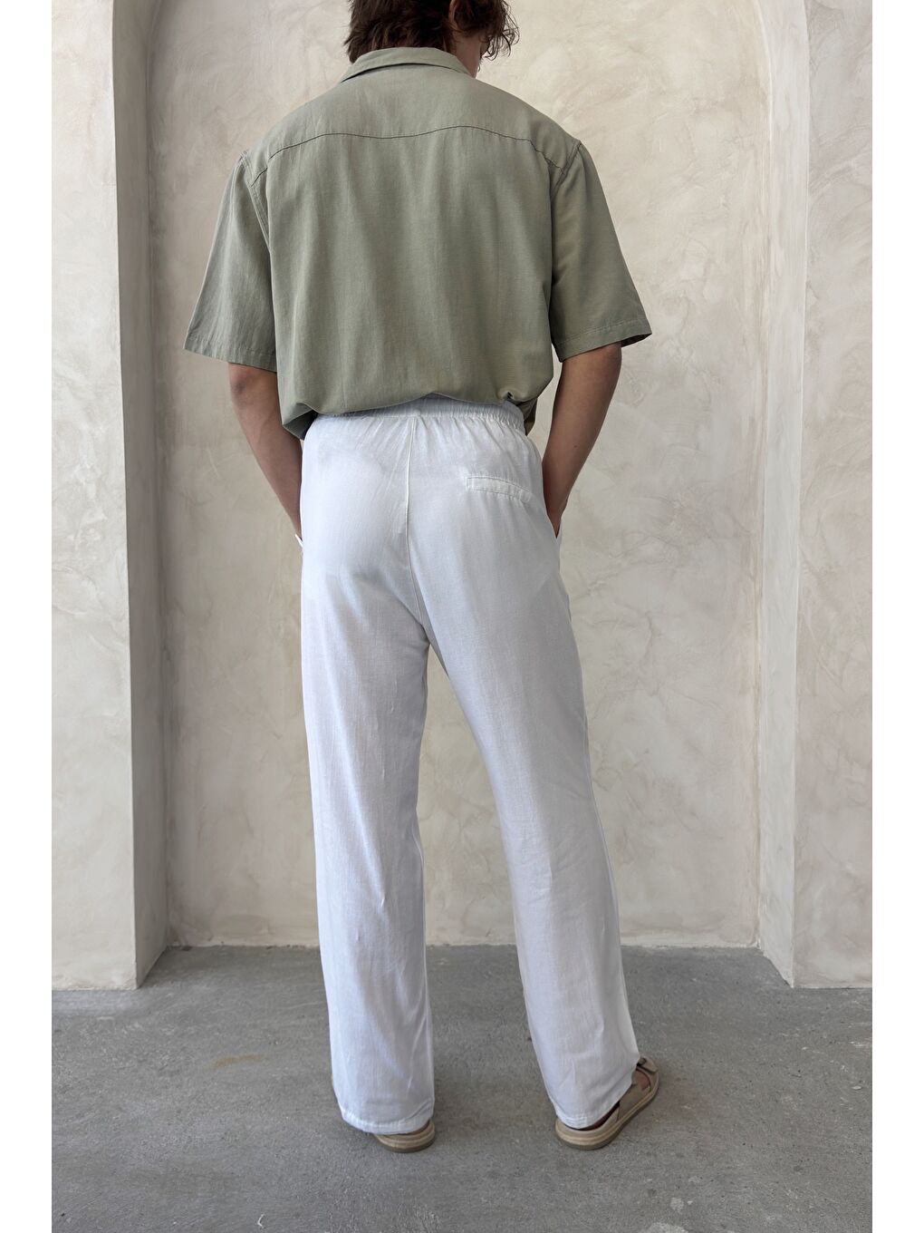 Beyaz Erkek Beli Lastikli Baggy Kalıp Keten Pantolon-6