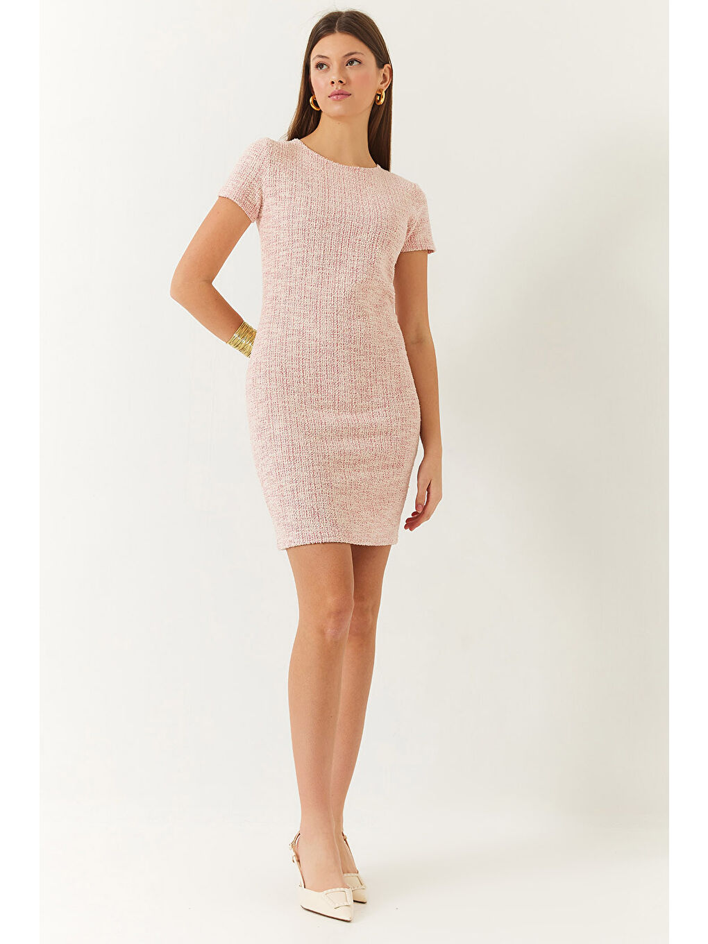 Pembe Kadın Bisiklet Yaka Kısa Kollu Mini Tüvit Elbise