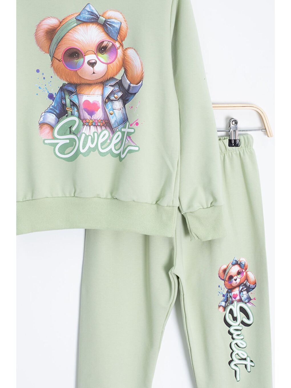 Yeşil Ayıcık Baskılı Beli Lastikli Kız Çocuk Eşofman Takımı 22755-2