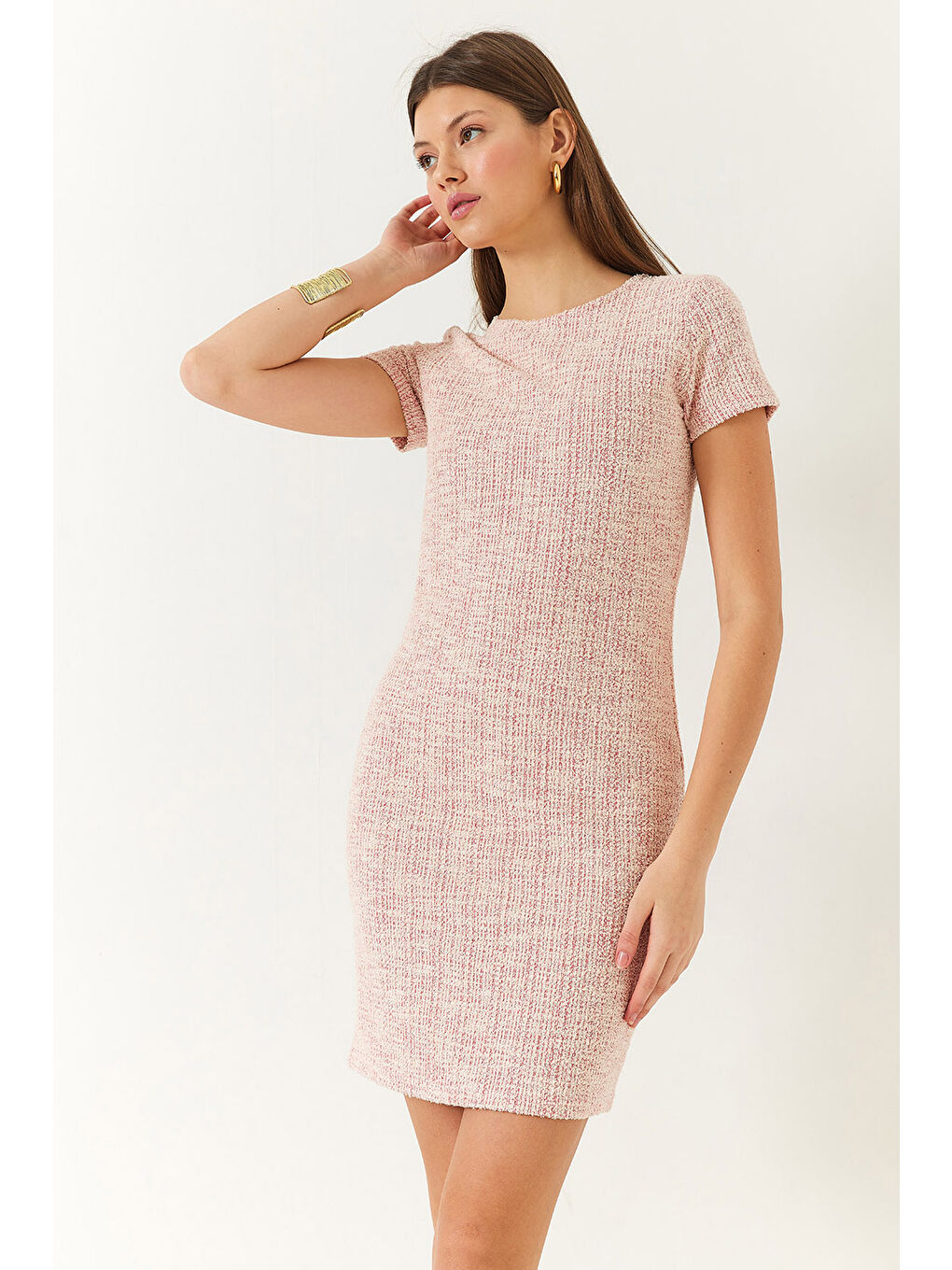 Pembe Kadın Bisiklet Yaka Kısa Kollu Mini Tüvit Elbise-2